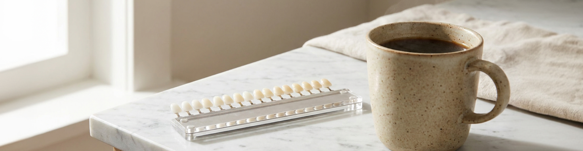 Dental shade guide with porcelain tooth color samples beside a mug of coffee, illustrating tooth shade selection for cosmetic dentistry or teeth whitening.
